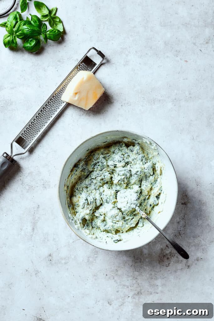 Spinach cheese filling in a bowl.