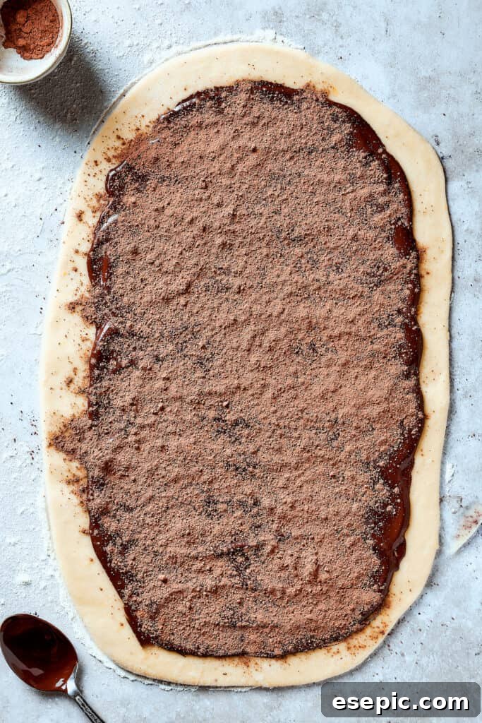 Sweet, puffy Chocolate Babka is an old-fashioned yeast bread swirled with layers of chocolate. Perfect for a special breakfast or dessert. Chocolate filling spread over the dough and dusted with cocoa powder, creating a rich layer.