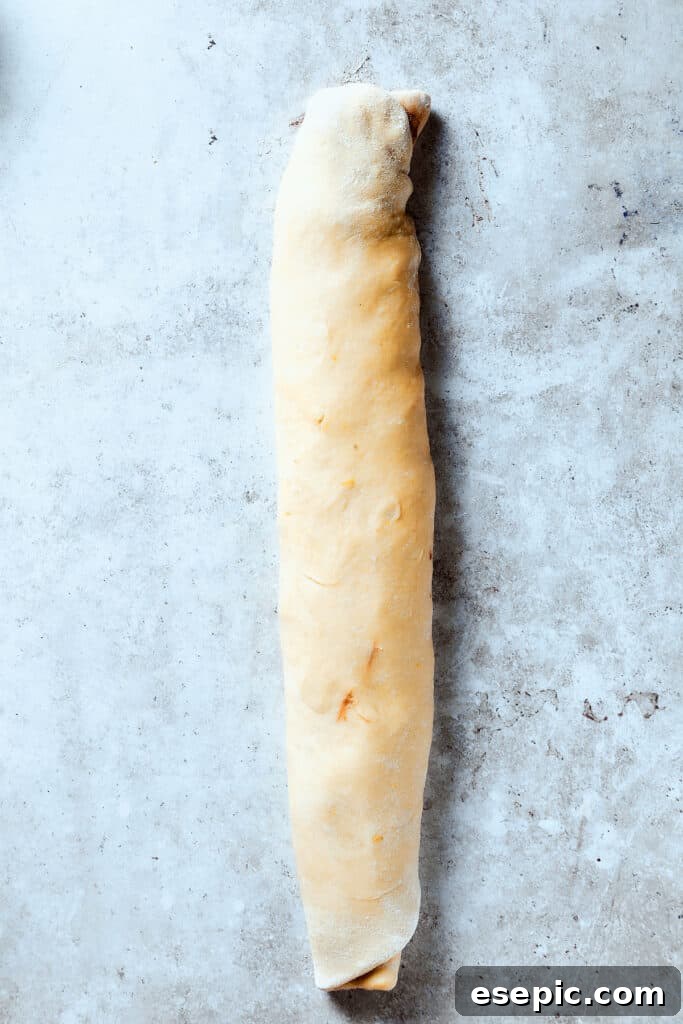 Sweet, puffy Chocolate Babka is an old-fashioned yeast bread swirled with layers of chocolate. Perfect for a special breakfast or dessert. A thinly rolled, long cylinder of chocolate-filled dough, ready for slicing.