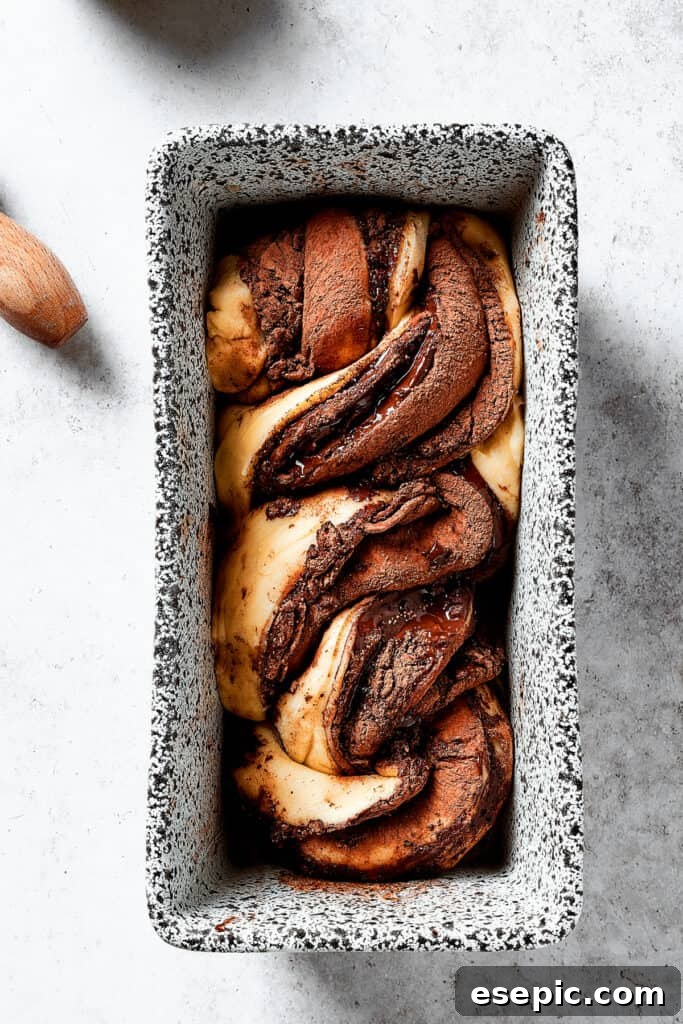 Sweet, puffy Chocolate Babka is an old-fashioned yeast bread swirled with layers of chocolate. Perfect for a special breakfast or dessert. Twisted lengths of chocolate-filled dough placed in a loaf pan.
