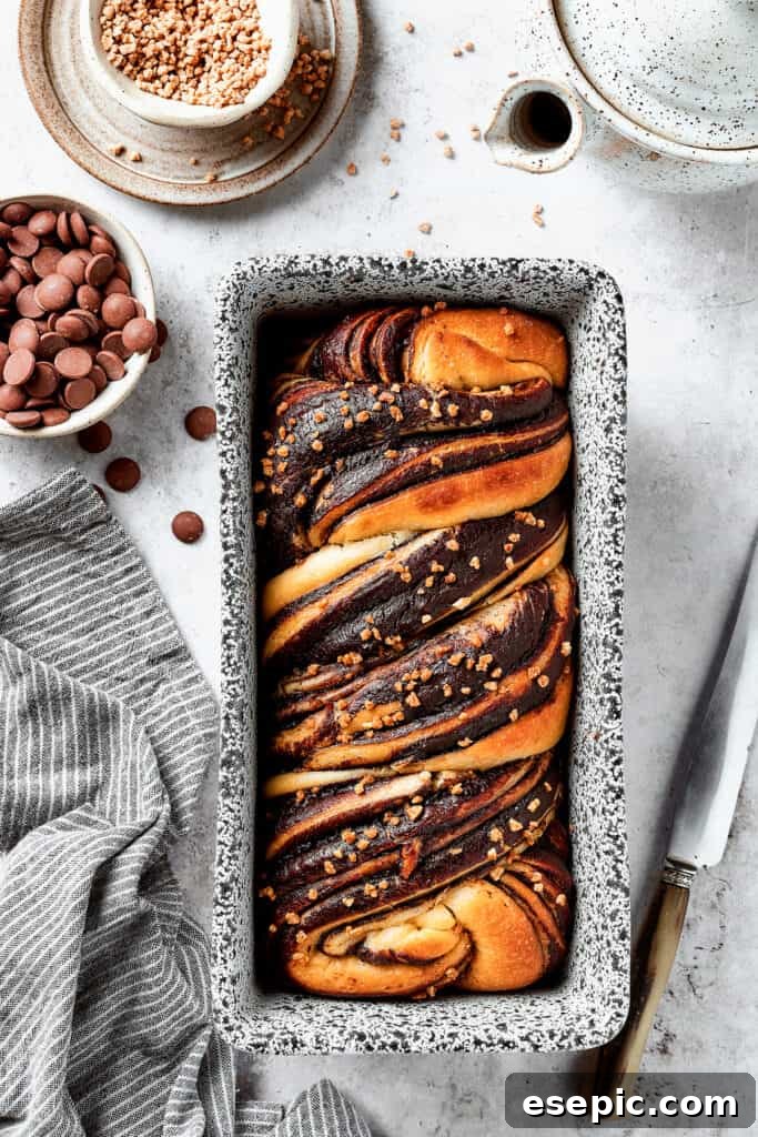 Sweet, puffy Chocolate Babka is an old-fashioned yeast bread swirled with layers of chocolate. Perfect for a special breakfast or dessert. A perfectly baked chocolate babka, golden brown and glistening, still in its loaf pan.