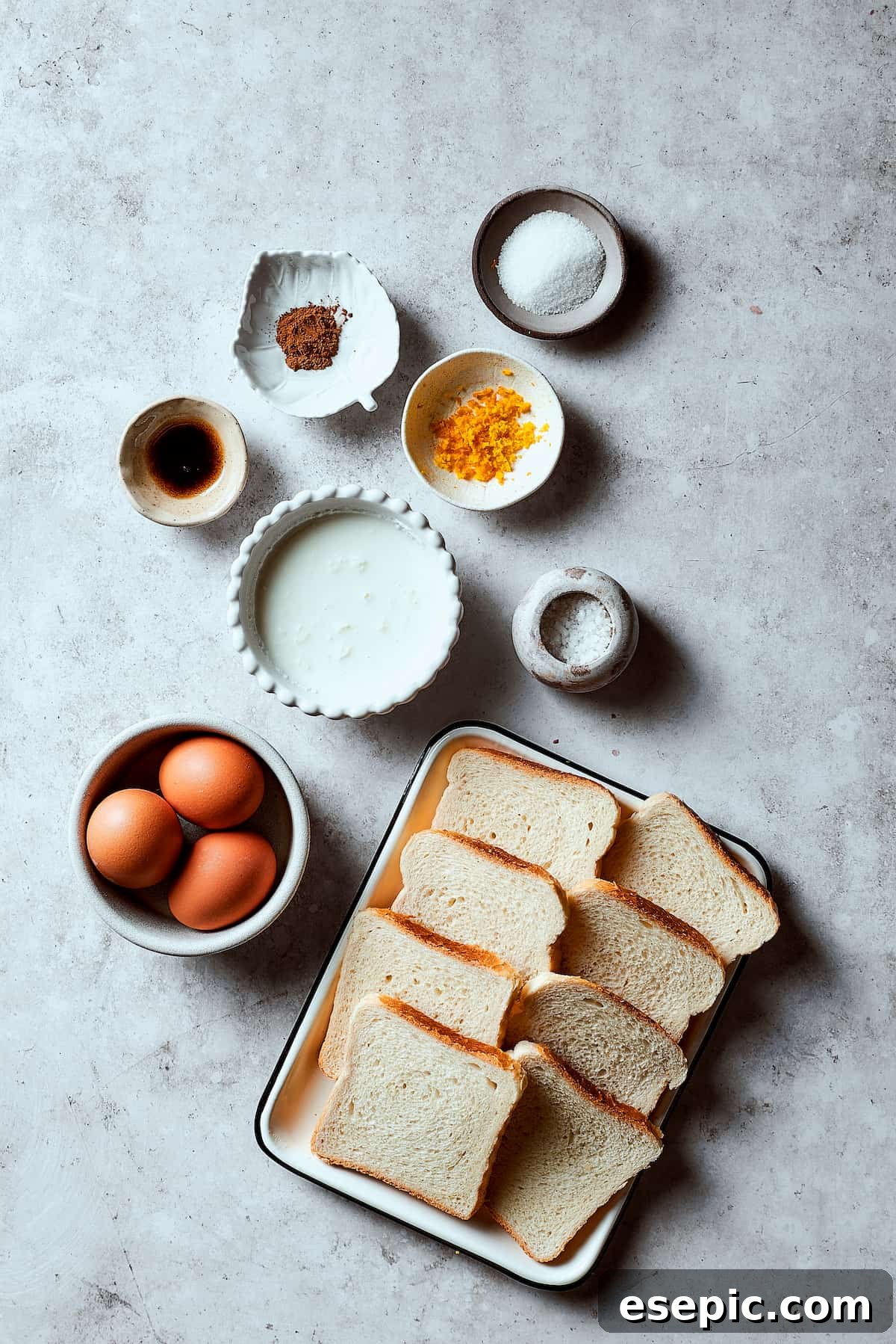 Cinnamon, sugar, orange zest, salt, brioche bread, eggs, heavy cream.