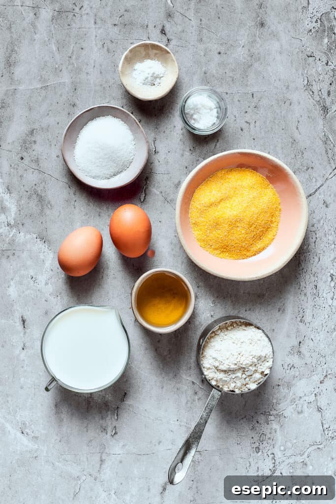 Cornbread ingredients measured and arranged on a work surface.