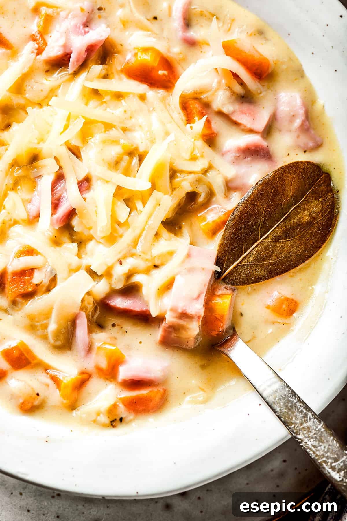 Reuben Comfort Bowl 12 Close-up of creamy Reuben soup, richly colored with corned beef and sauerkraut, generously sprinkled with shredded Swiss cheese.