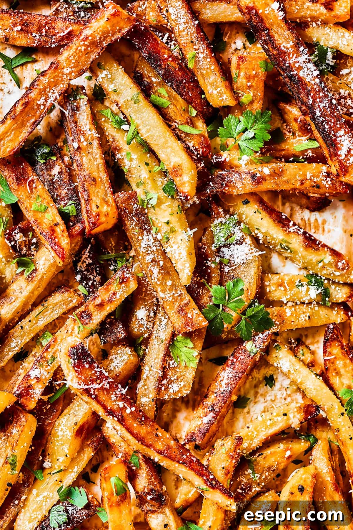 Seasoned garlic fries sprinkled with herbs and parmesan cheese.