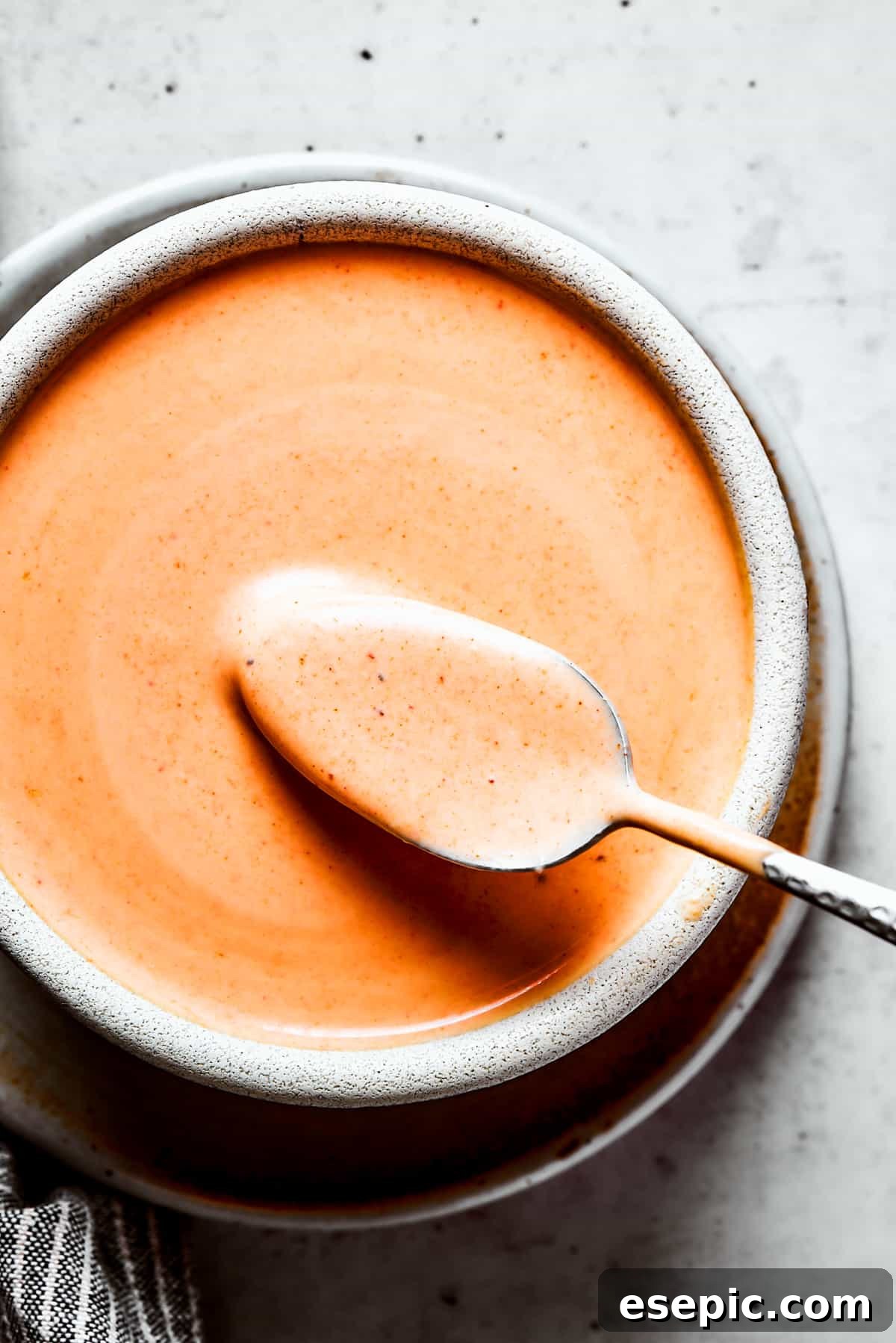 Photo of homemade Yum Yum Sauce in a beautifully crafted ceramic bowl, with a small spoon resting inside, ready to be served.