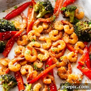 Overhead shot of Sheet Pan Teriyaki Shrimp Stir Fry.