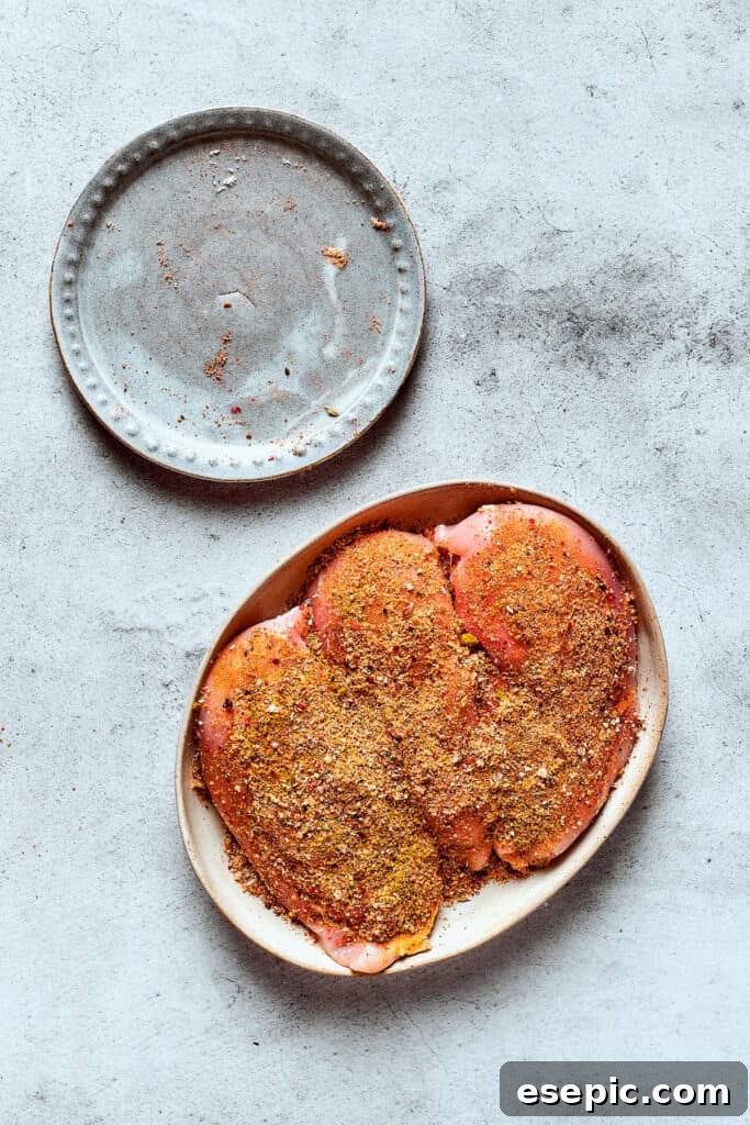 Seasoned chicken breasts on a plate.
