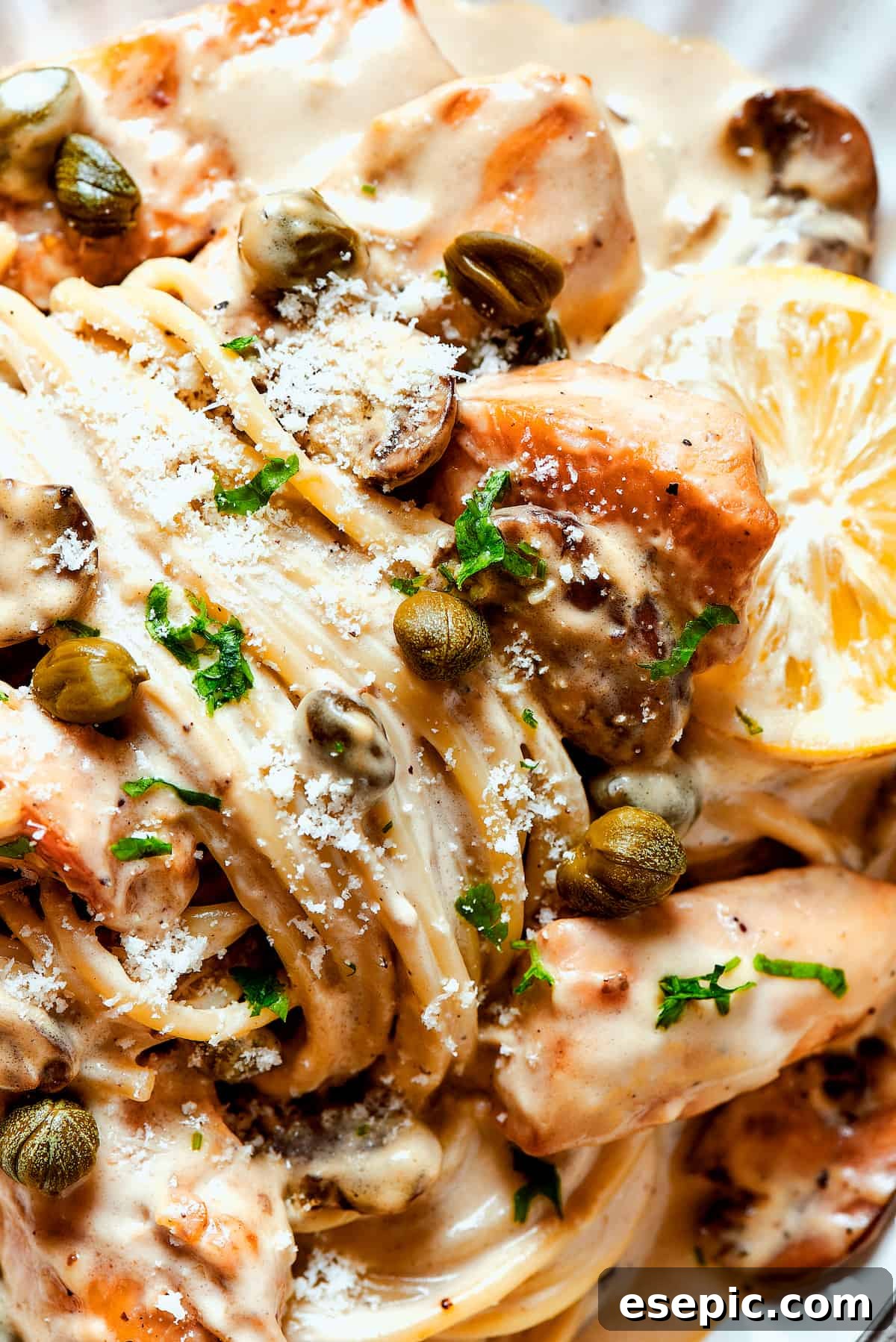 A delicious close-up of creamy chicken piccata pasta, adorned with capers, lemon slices, and fresh parsley, ready to be enjoyed.
