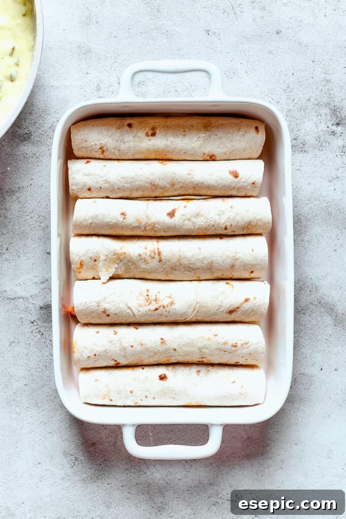 A baking dish full of rolled-up enchiladas.