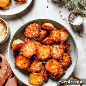 A bowl of baked potato halves crusted with parmesan cheese.