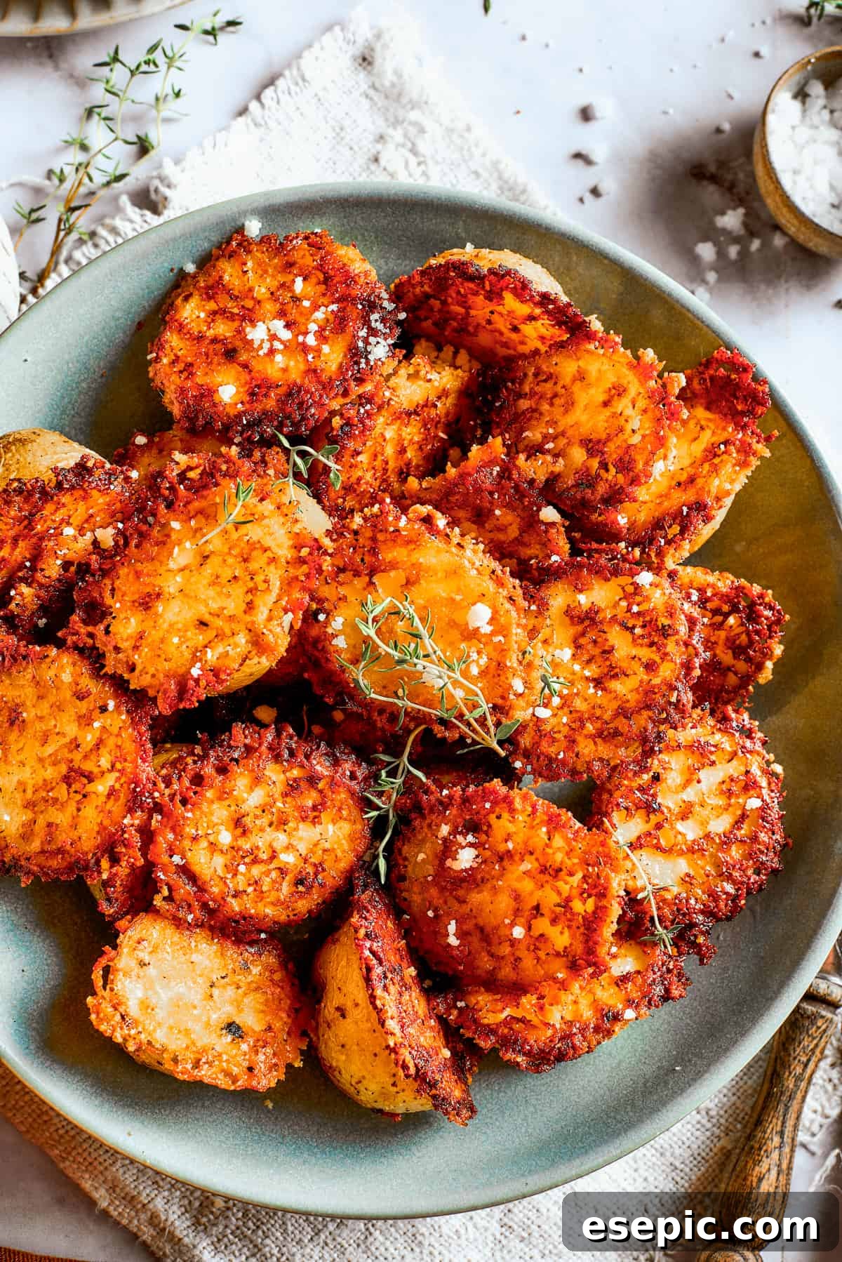 Overhead image of parmesan-crusted potatoes in a bowl, garnished with fresh parsley.