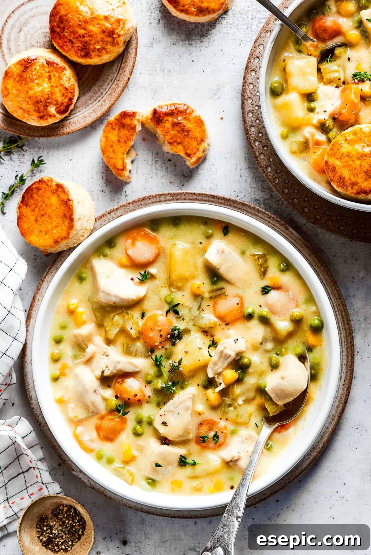 Delicious chicken pot pie soup with biscuits. A steaming bowl of creamy chicken pot pie soup, garnished with a spoon and fresh thyme, with a plate of golden, flaky biscuits in the soft-focus background.