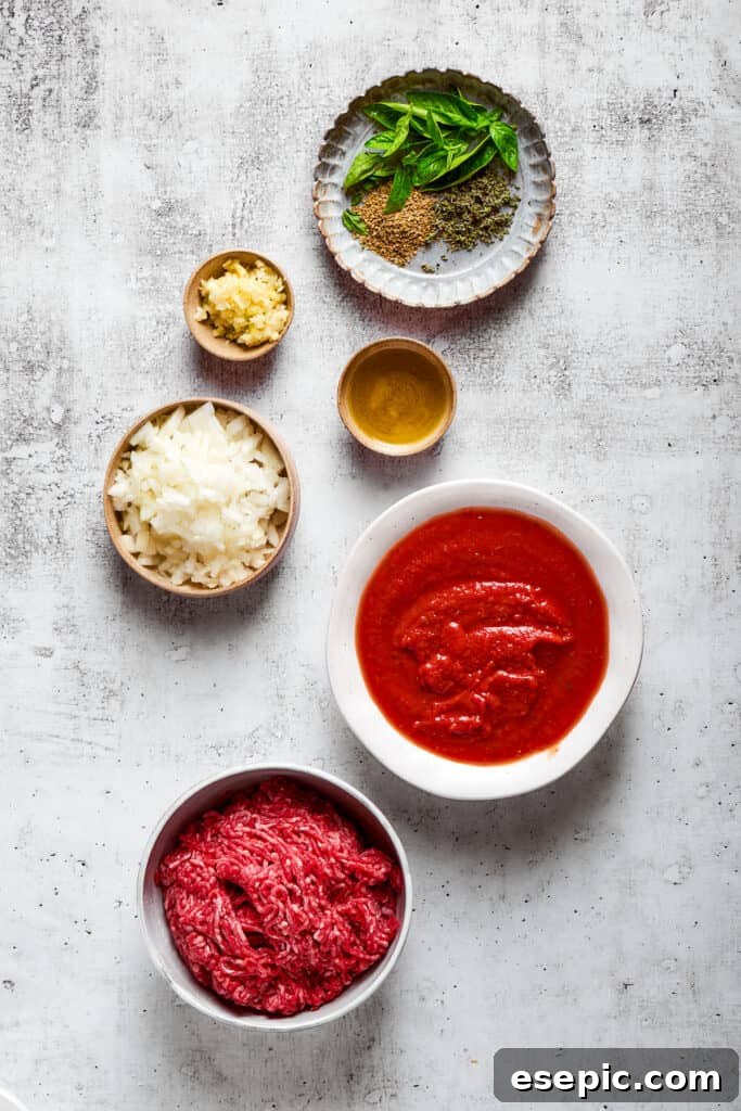 Overhead view of the ingredients needed for meat sauce: a bowl of ground beef, a bowl of marinara sauce, a bowl of chopped onion, a bowl of minced garlic, a bowl of olive oil, and a plate with fresh basil and dried herbs.