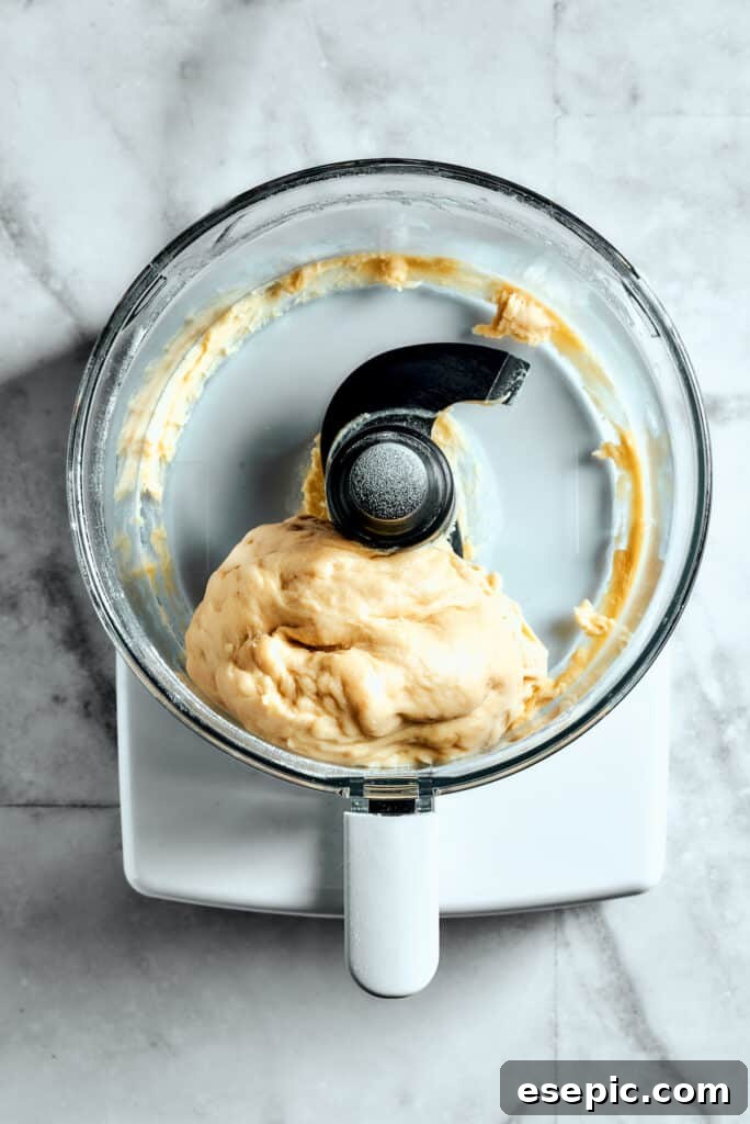 Overhead view of dough in a food processor.