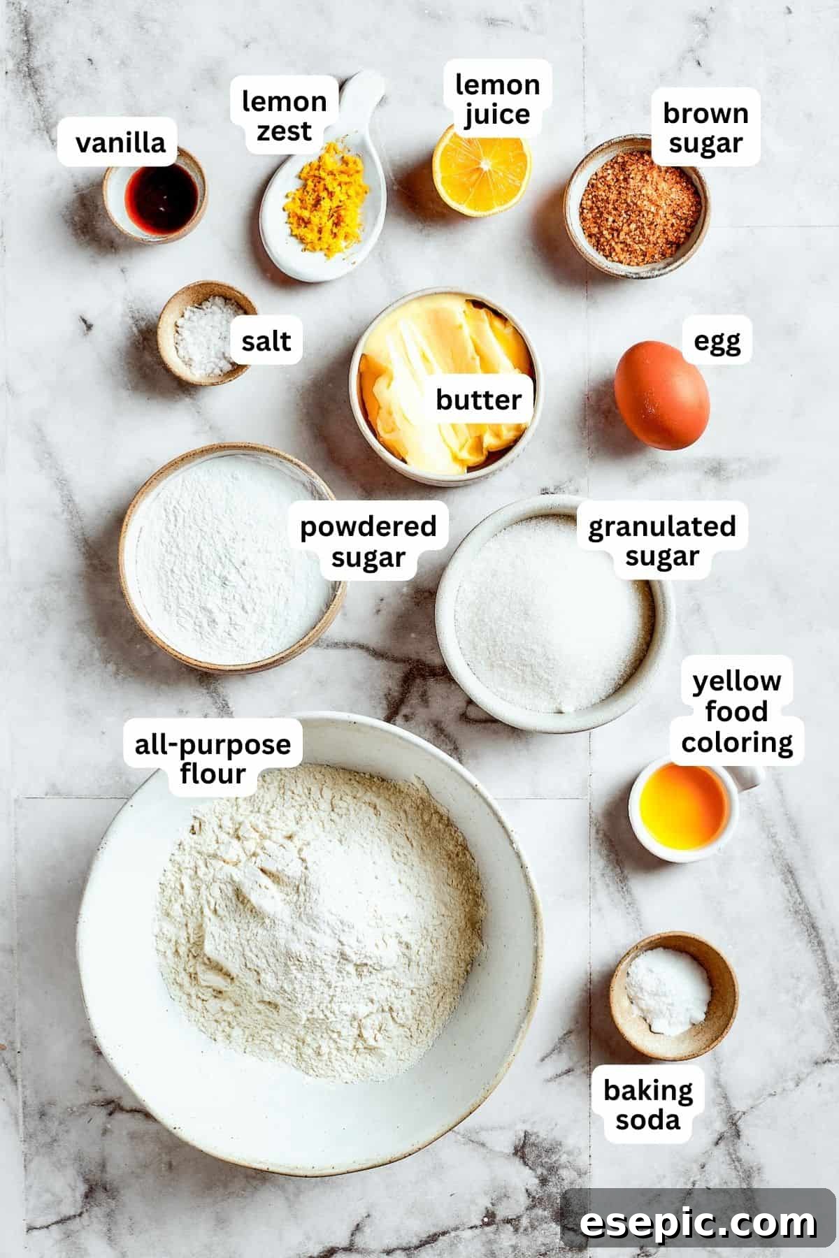 Aerial view of all the ingredients used to make lemon cookies.