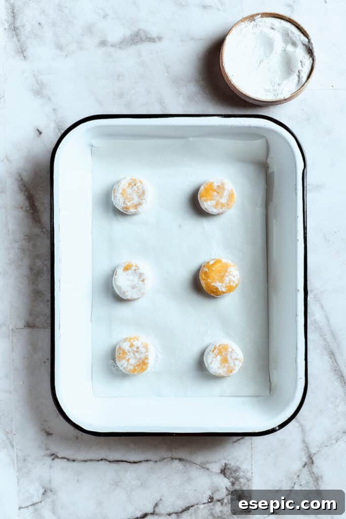 Overhead view of 6 balls of lemon cookie dough covered in powdered sugar in a baking tray.