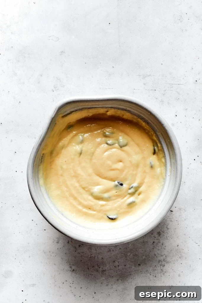 Overhead view of a bowl of chocolate chip pancake batter.