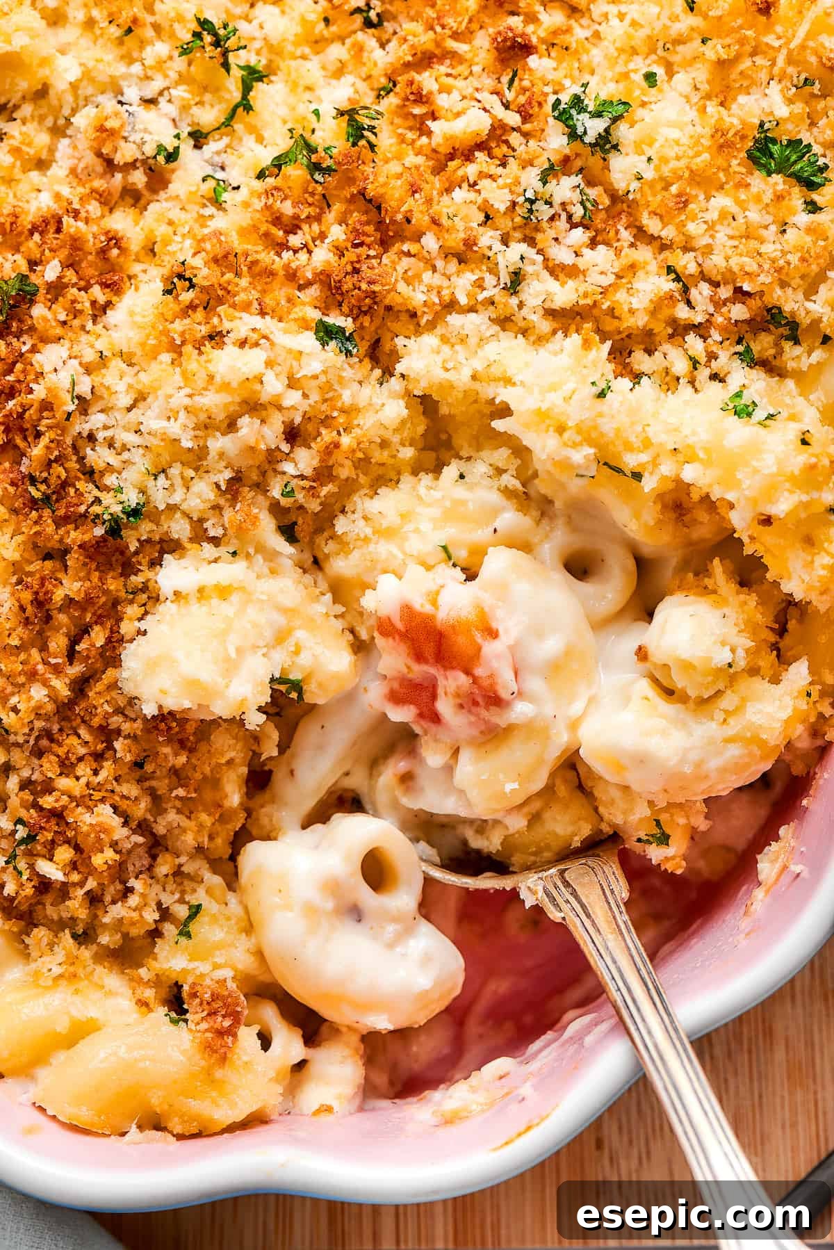 Close up of a spoonful of seafood mac and cheese