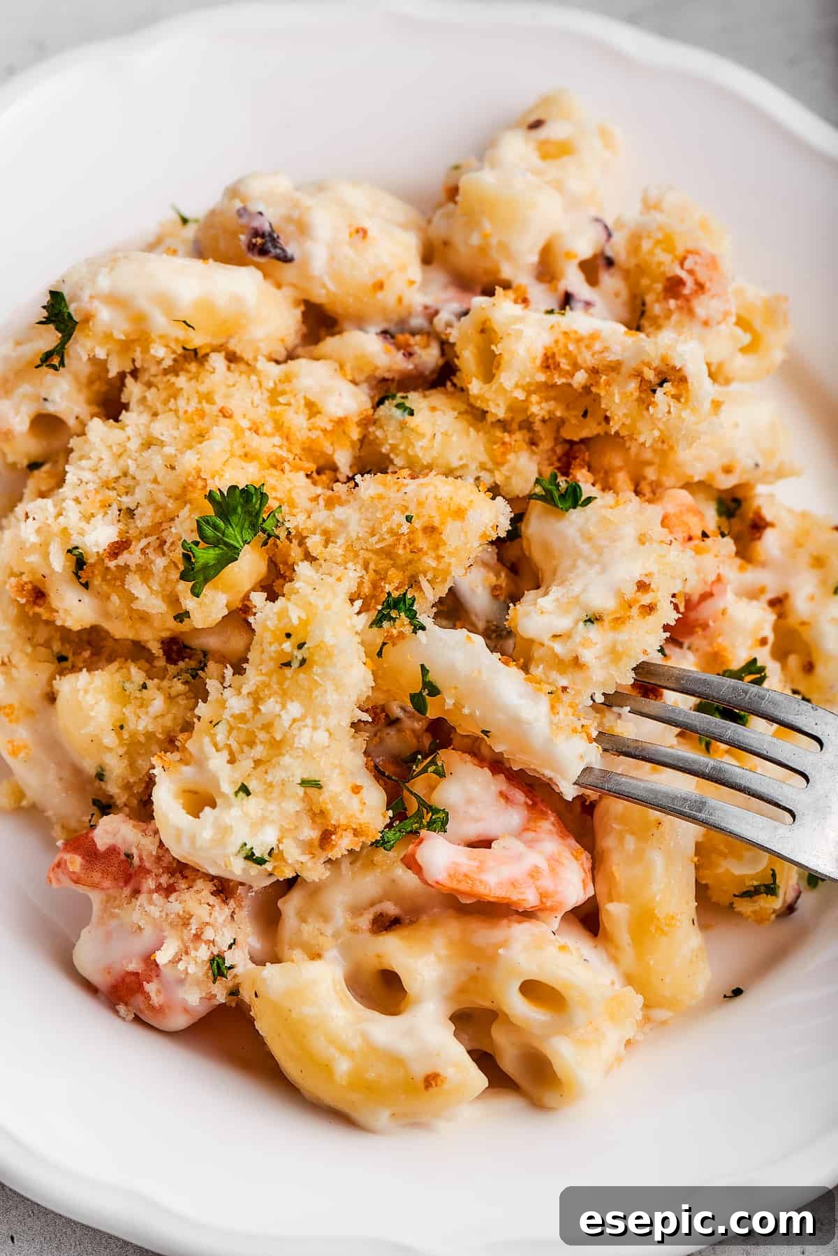 Taking a bite of seafood mac and cheese