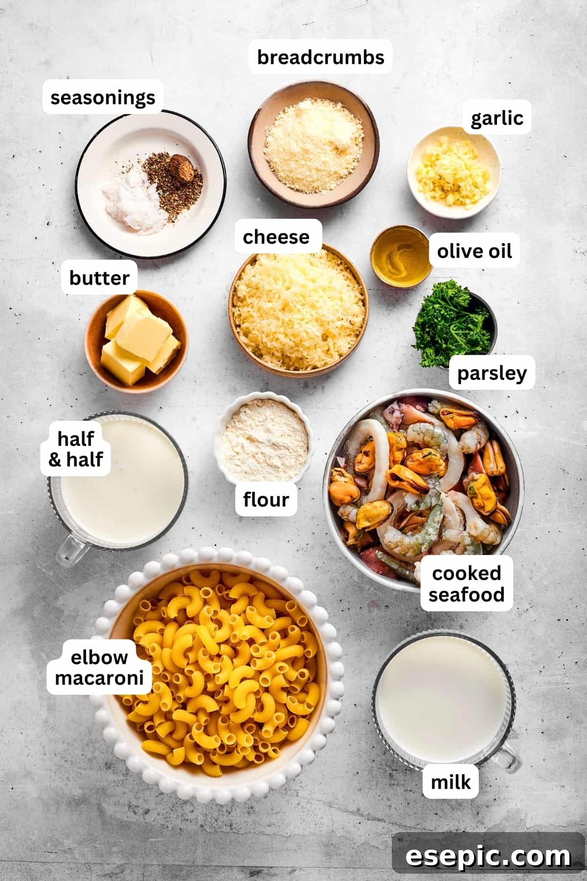 Overhead view of all the ingredients used for seafood mac and cheese.