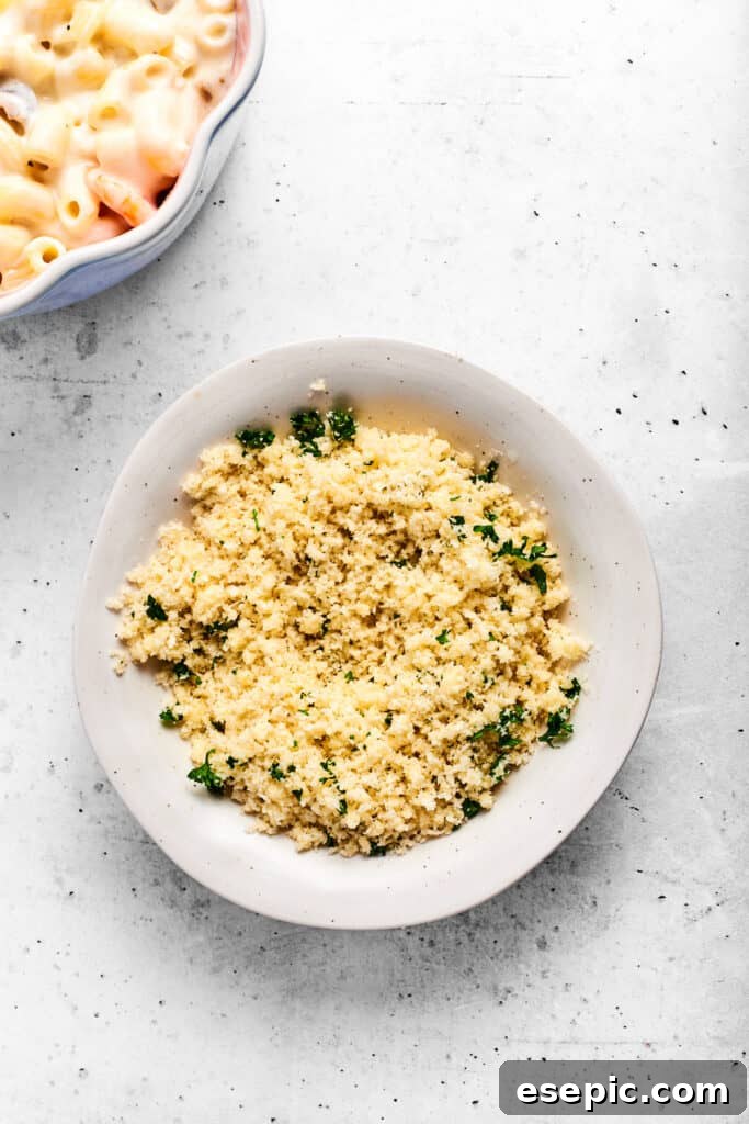 Parmesan breadcrumbs ready to go on top of the dish