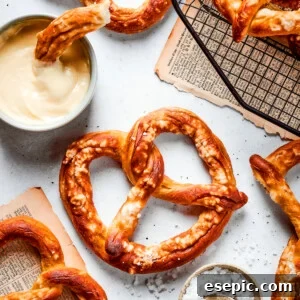 Perfectly Soft Homemade Pretzels 5 Baked soft pretzels are shown on a rack with cheese sauce alongside.