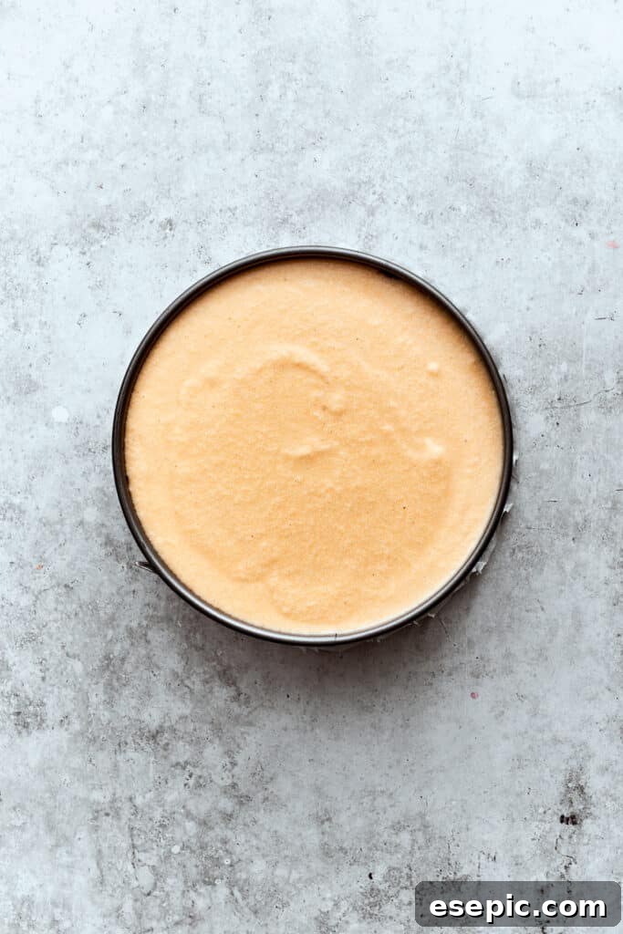 The turtle cheesecake is finished with a layer of plain cheesecake batter,