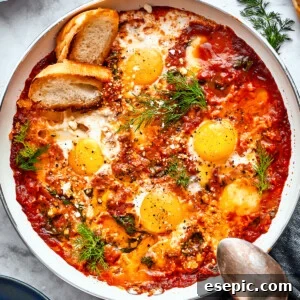 Cooked eggs in purgatory in a skillet are garnished with parsley and toasted bread with a silver spoon resting on its edge.