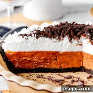Whole French silk pie, perfectly chilled, featuring its dark chocolate filling topped with decorative swirls of vanilla whipped cream.