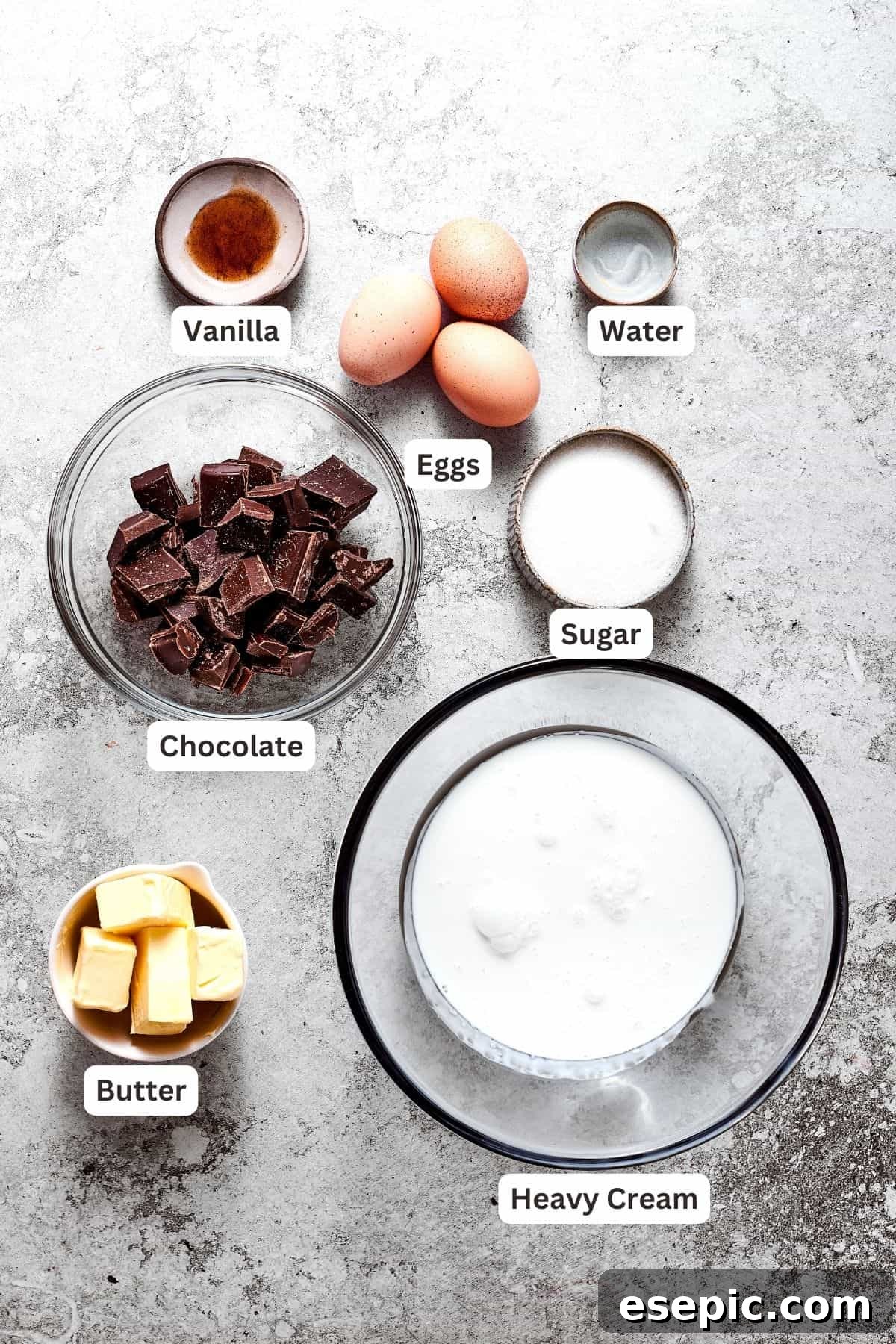 The heart of the pie: rich chocolate filling ingredients. A selection of ingredients for the chocolate filling: finely chopped chocolate, large eggs, granulated sugar, water, pure vanilla extract, softened unsalted butter, and heavy cream.