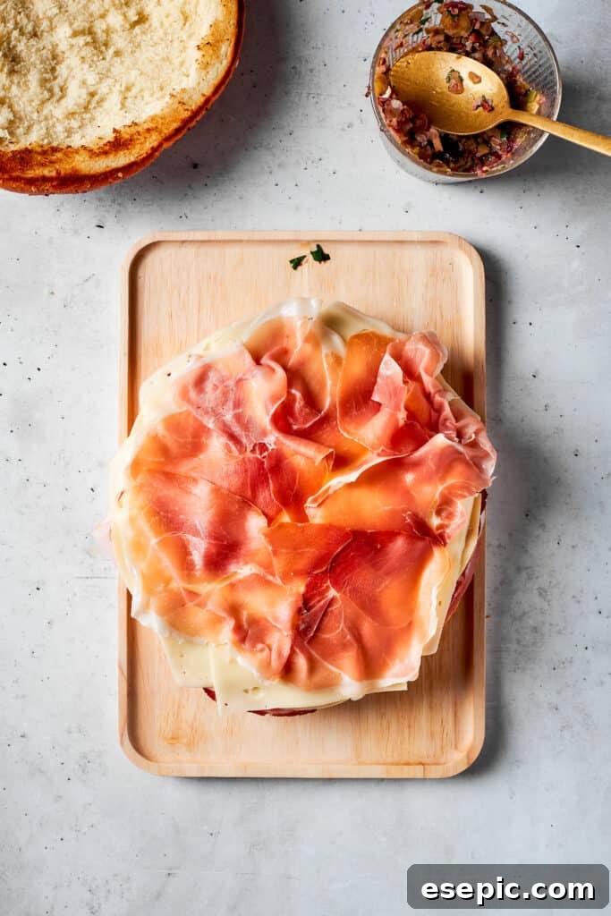Delicate slices of prosciutto are carefully added as a top layer to the abundant muffaletta sandwich, enhancing its gourmet appeal.