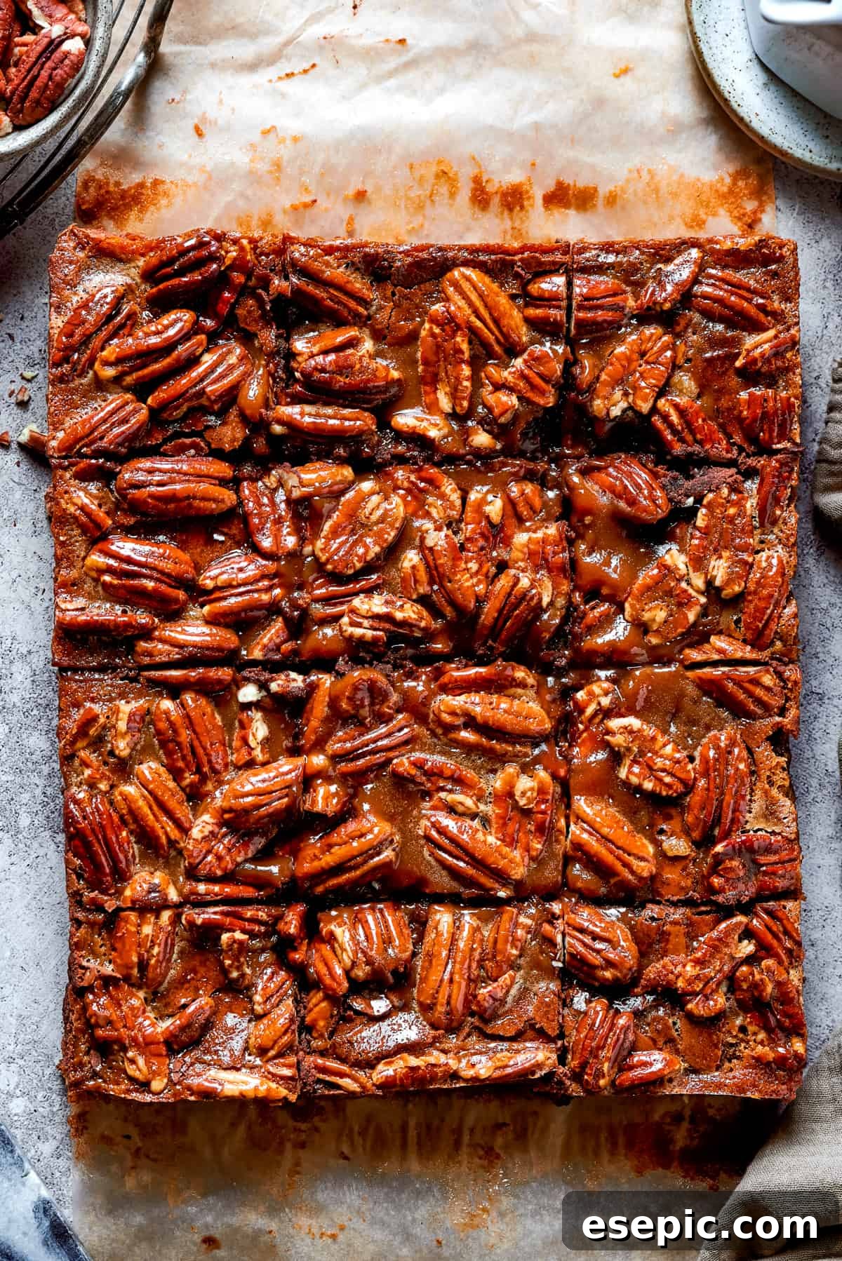 Delicious Pecan Pie Brownies sliced and ready. Overhead shot of pecan-topped cake cut into squares.