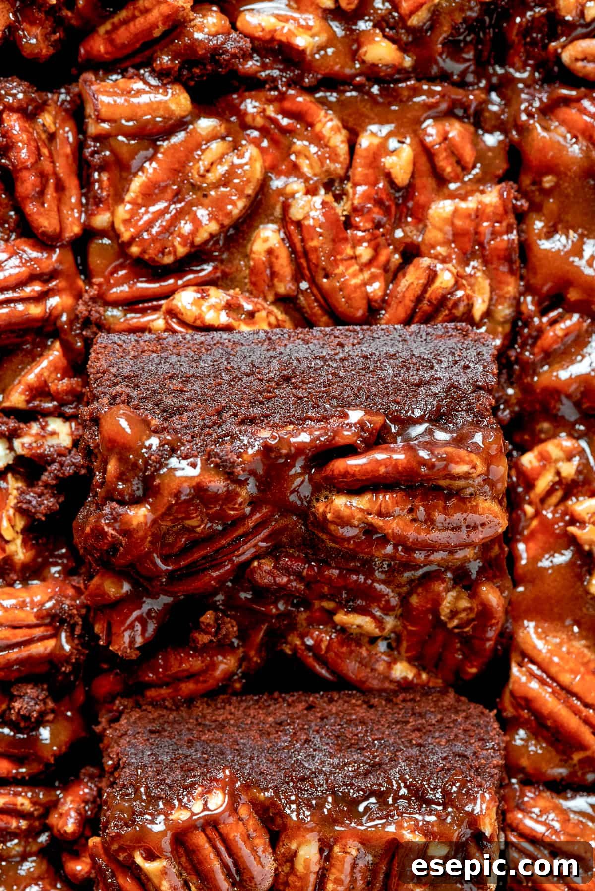 A perfect individual pecan pie brownie. Up close shot of a brownie square topped with pecans.