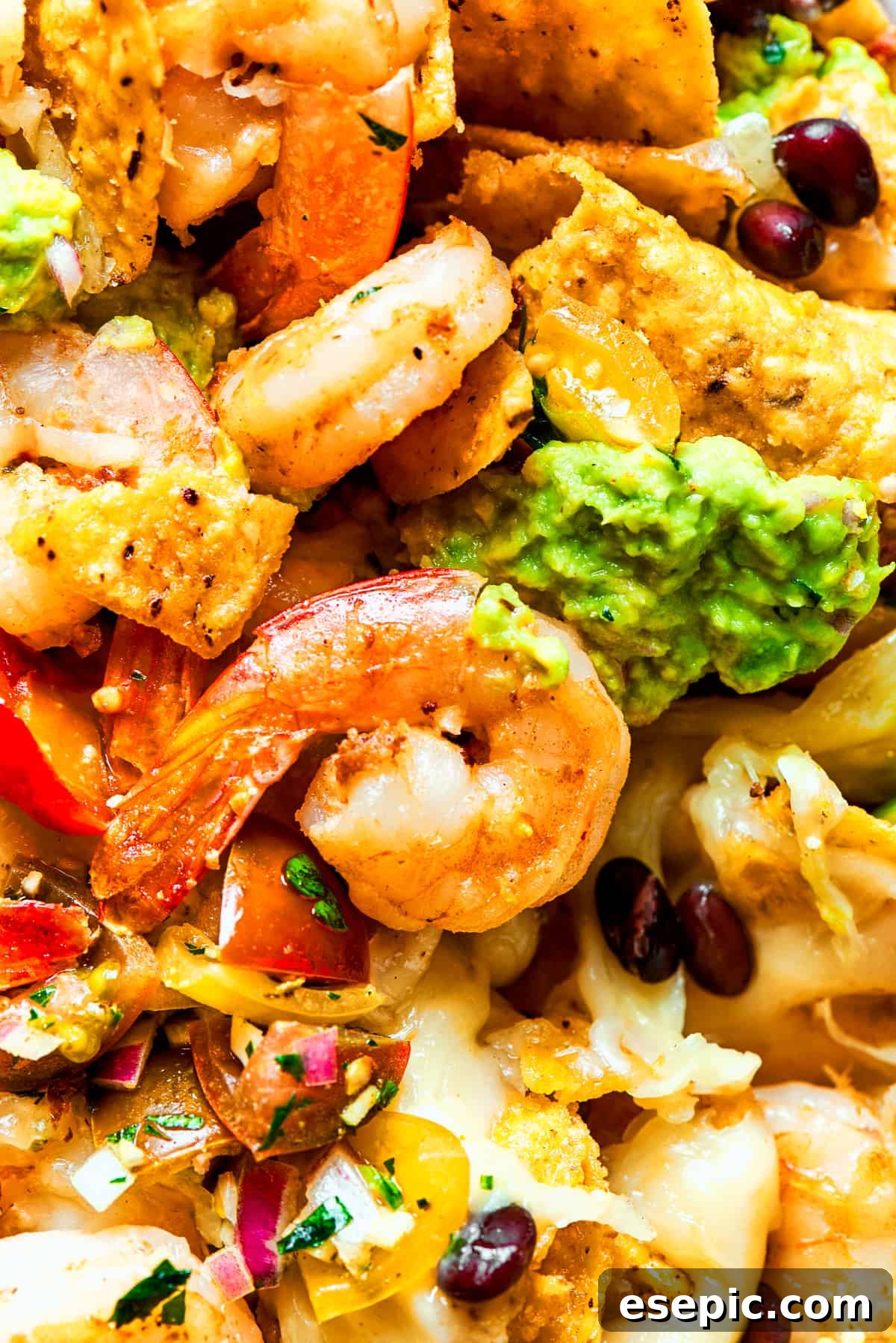 Closes-up of shrimp nachos.