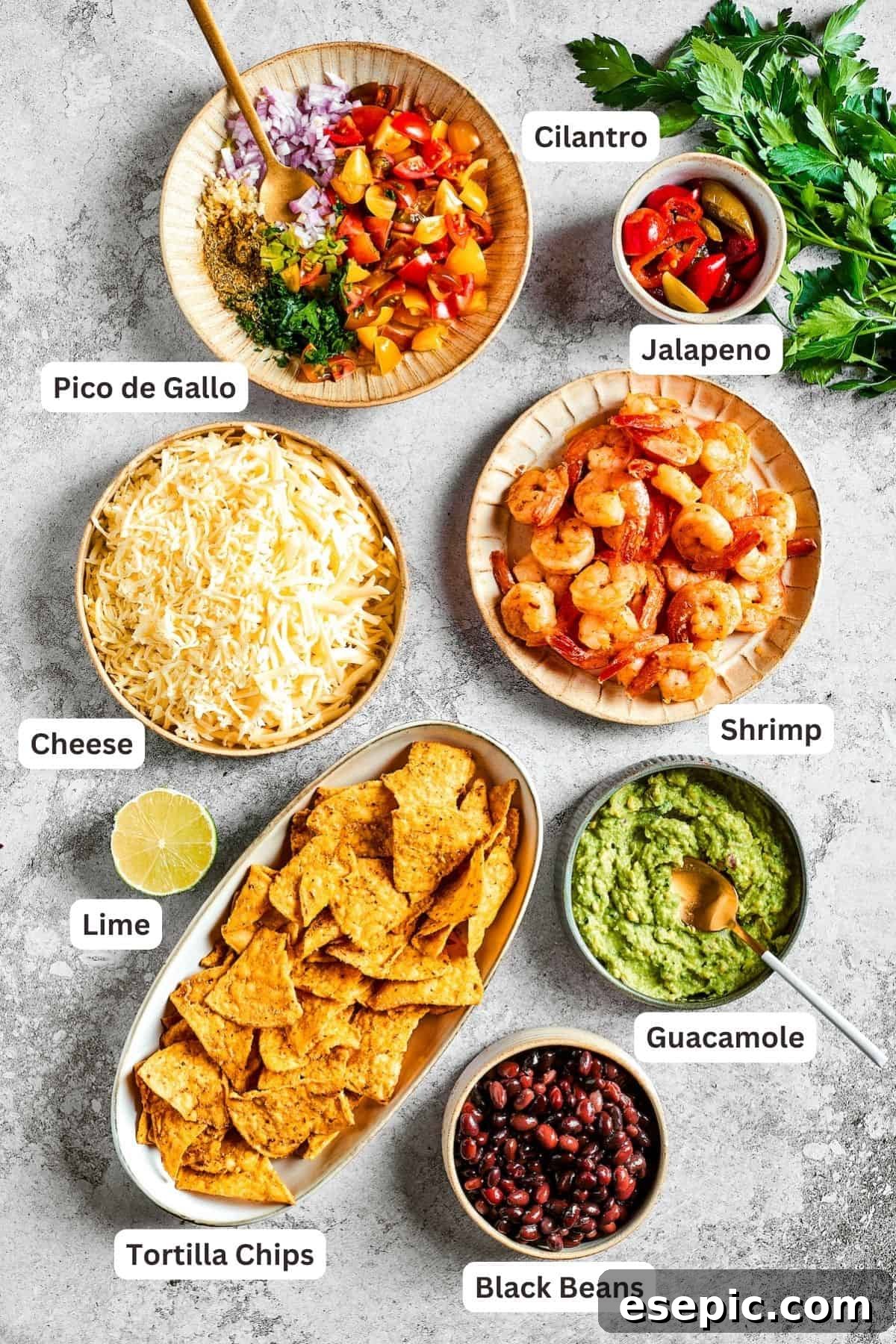 Ingredients for shrimp nachos are shown: tortilla chips, pico de Gallo, guacamole, shrimp, lime, cheese, jalapeno.