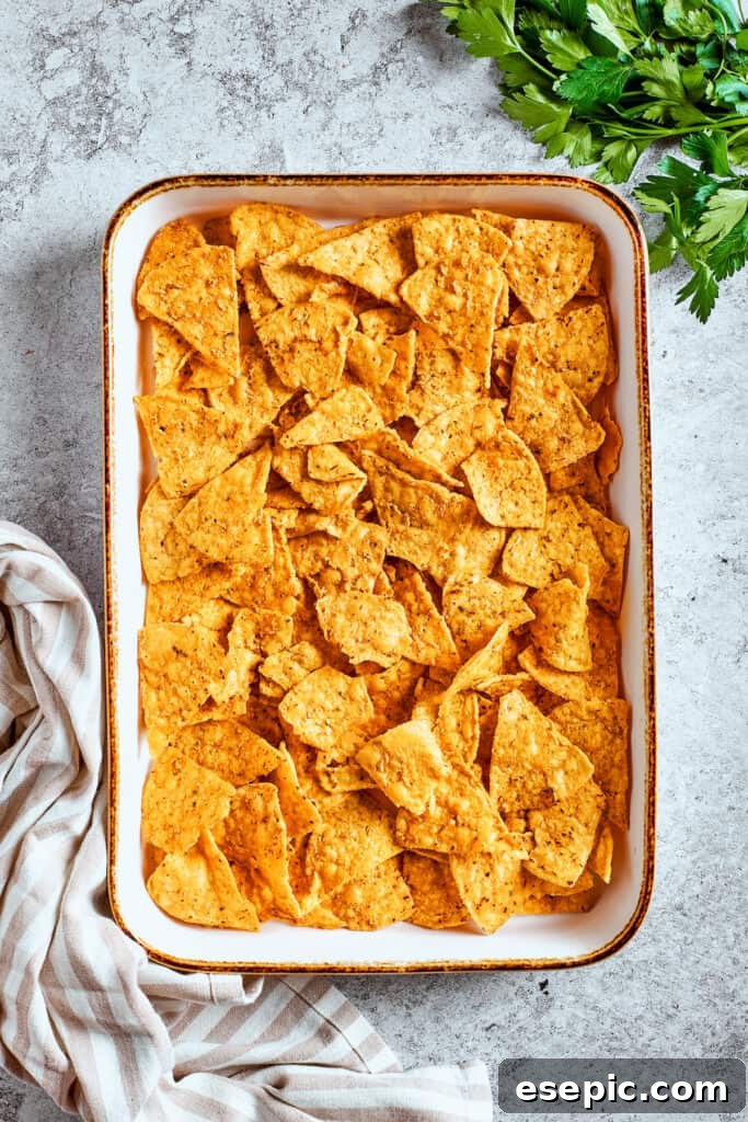 Nachos are arranged in a baking tray.