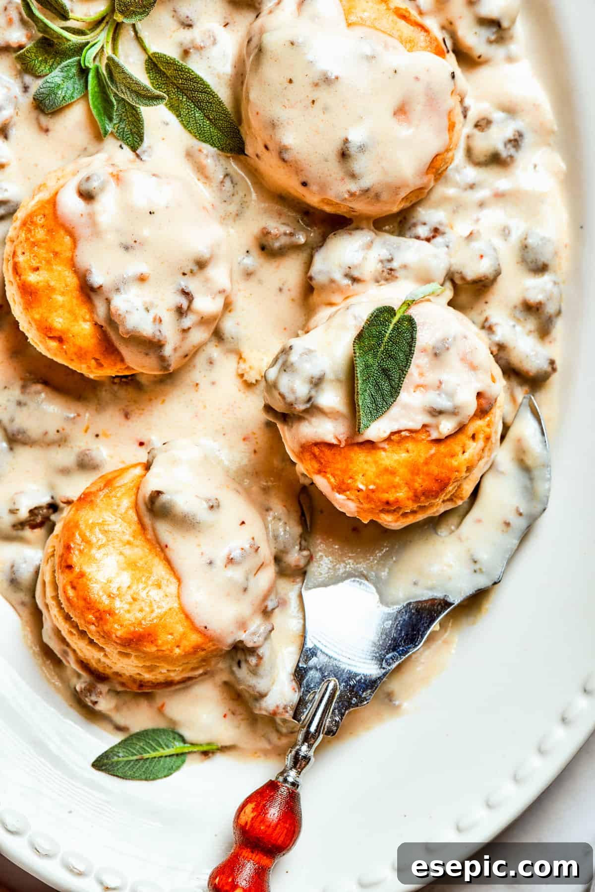 Sausage and gravy biscuits served on an oval white serving dish, garnished with fresh herbs.