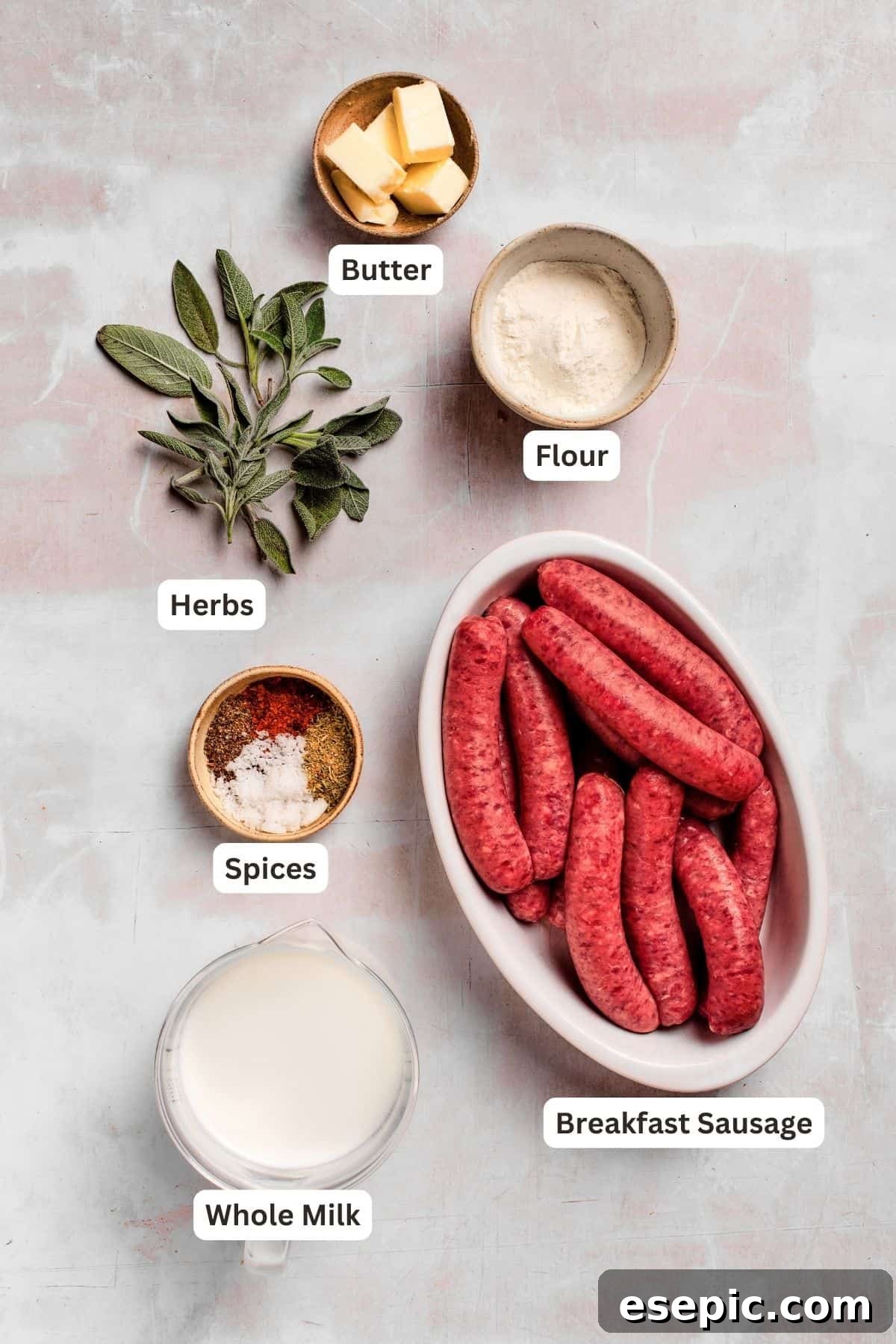 Ingredients for sausage and gravy biscuits are shown: flour, sausage, butter, milk, and various spices and herbs.