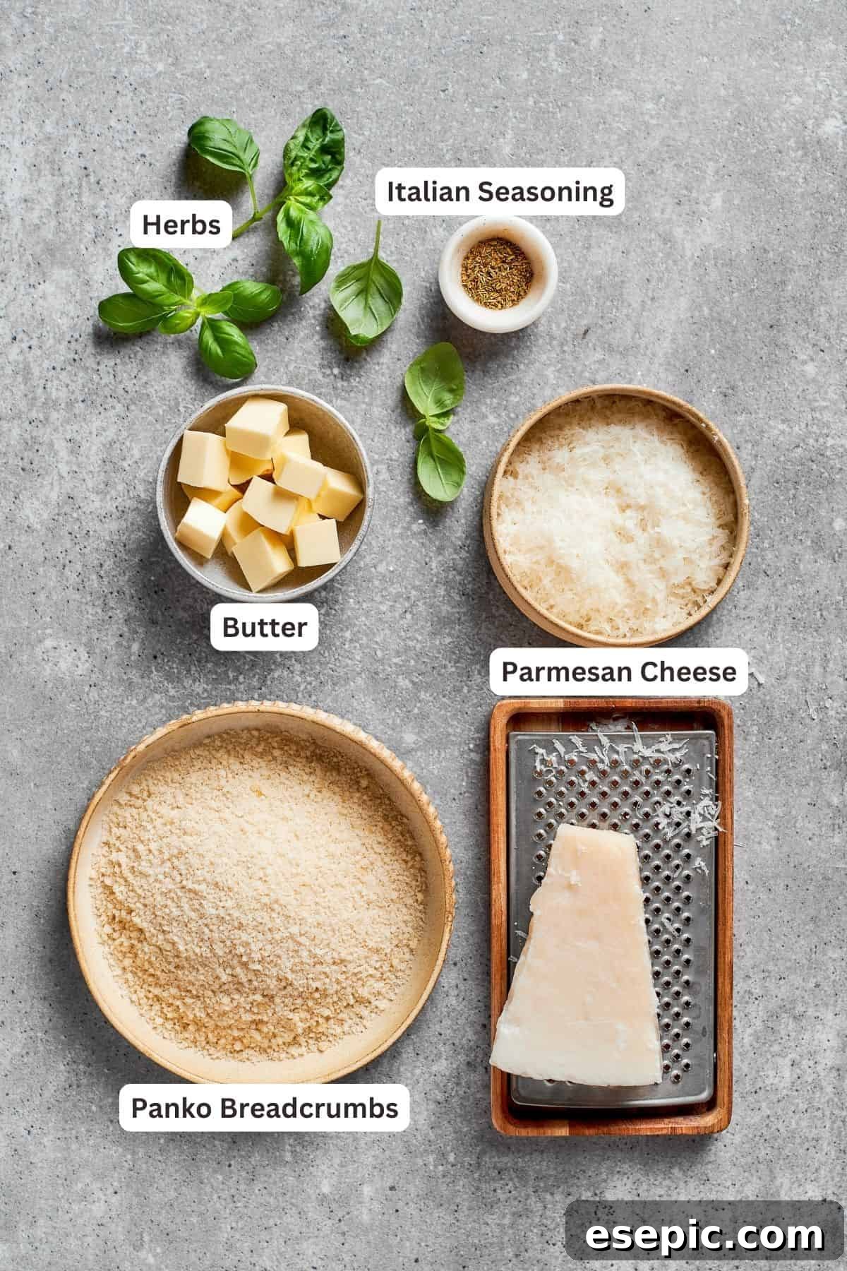 Ingredients for the crispy Parmesan topping for Chicken Parmesan Casserole: grated Parmesan cheese, Panko breadcrumbs, melted butter, and Italian seasoning, displayed in small bowls.