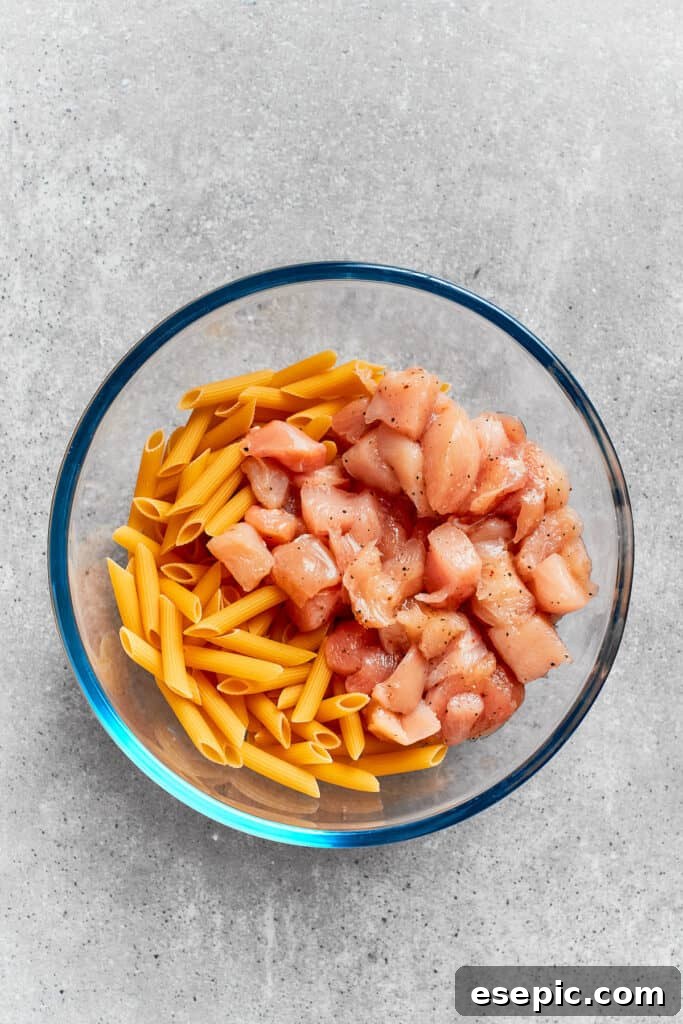 Uncooked penne pasta and diced chicken breast in a large mixing bowl, ready for sauce.