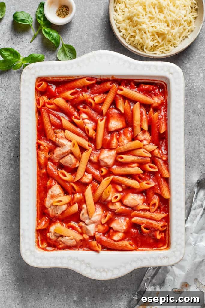 The evenly spread mix of pasta, chicken, and sauce filling a baking dish before baking, ready for the oven.