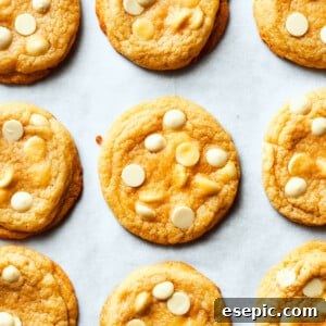 Nine perfectly baked chewy white chocolate chip cookies arranged neatly on a white background, highlighting their golden edges and soft centers.
