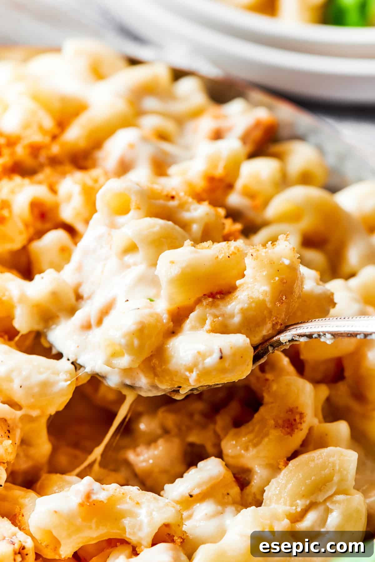 A serving spoon lifting a generous portion of creamy Chicken Mac and Cheese from a bowl, highlighting the tender chicken and gooey cheese.