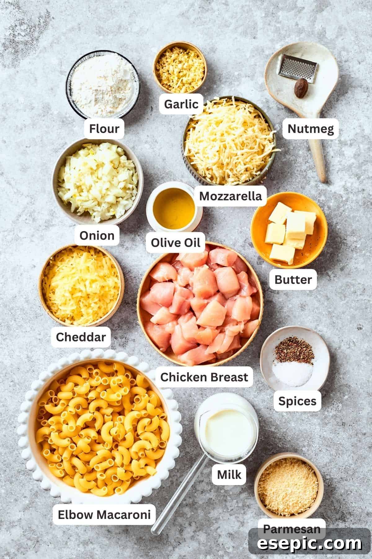Ingredients for chicken mac and cheese laid out and labeled: elbow macaroni, chicken breast, onion, garlic, olive oil, flour, salt and pepper, spices, three types of cheese (cheddar, mozzarella, parmesan), and milk.