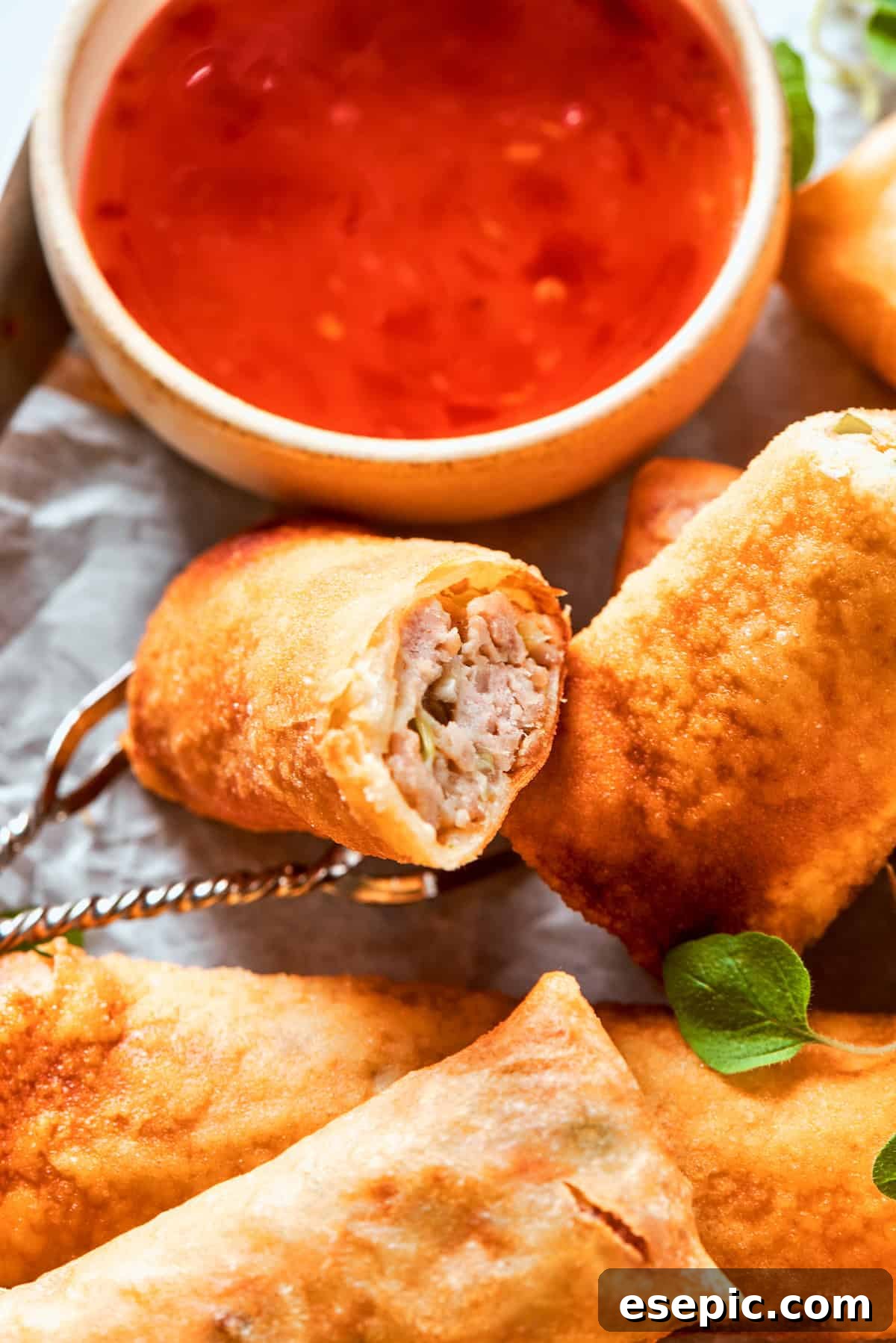 Crisp chicken egg rolls and a bowl of red sauce.
