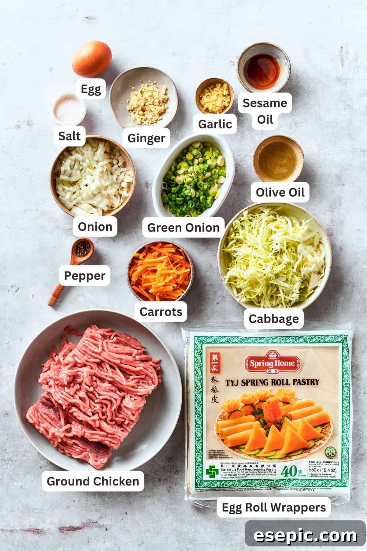 The ingredients for chicken egg rolls are shown portioned out and labelled: ground chicken, shredded carrots and cabbage, onion, garlic, olive oil ginger, sesame oil, green onions, egg roll wrappers, salt and pepper.
