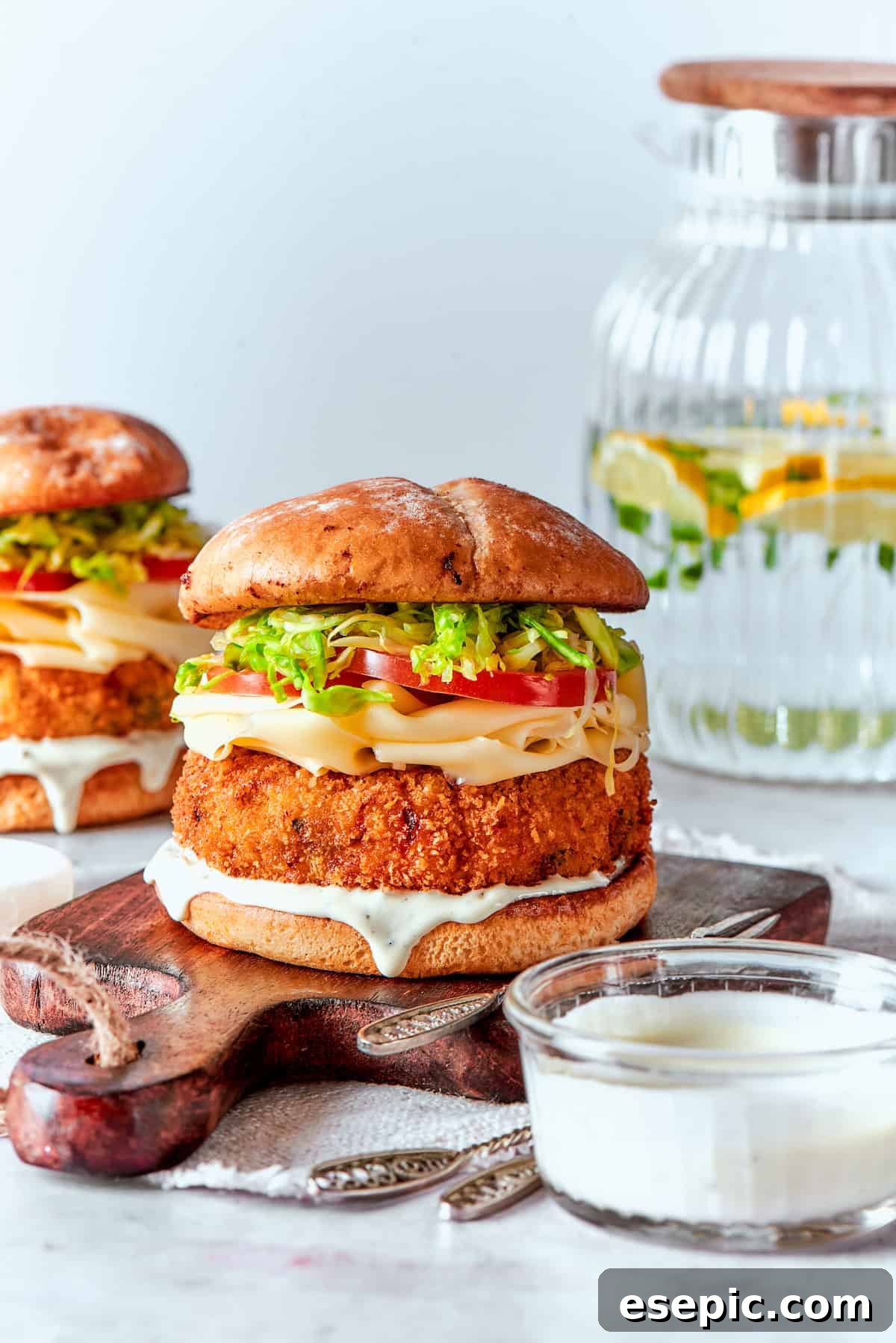 Freshly prepared shrimp burgers are artfully arranged on a table alongside a bowl of creamy sauce, ready to be enjoyed.