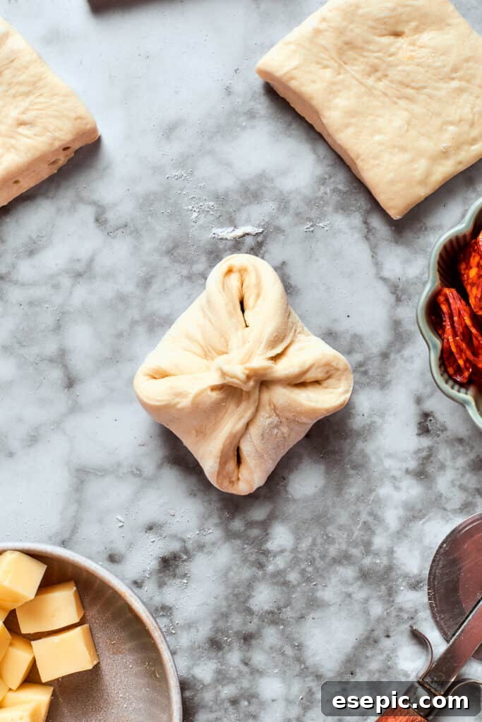 The dough is folded up around the filling.