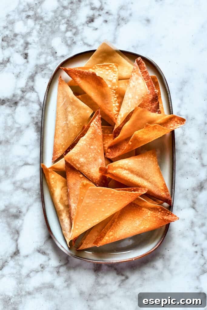 The golden-brown, crisp wonton wrappers, perfectly baked and shaped into taco shells, resting on a serving dish.